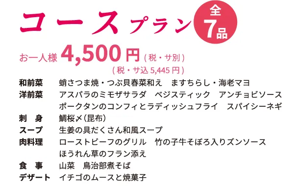 コースプラン　全7品　お一人様4,500円（税・サ別）